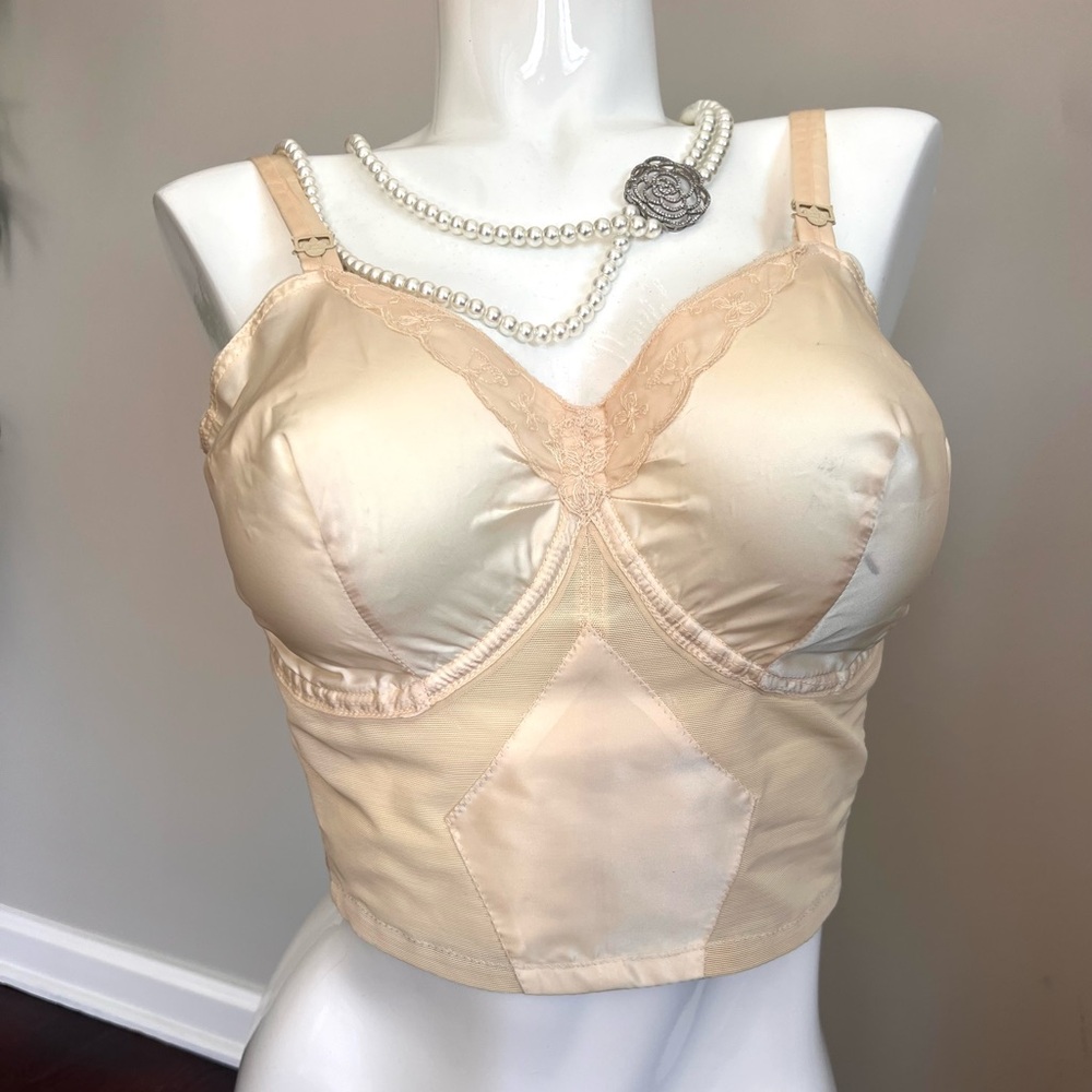 Vintage Edith Lances Satin & Lace minimizing hand Sewn Longline Bra Style 7760